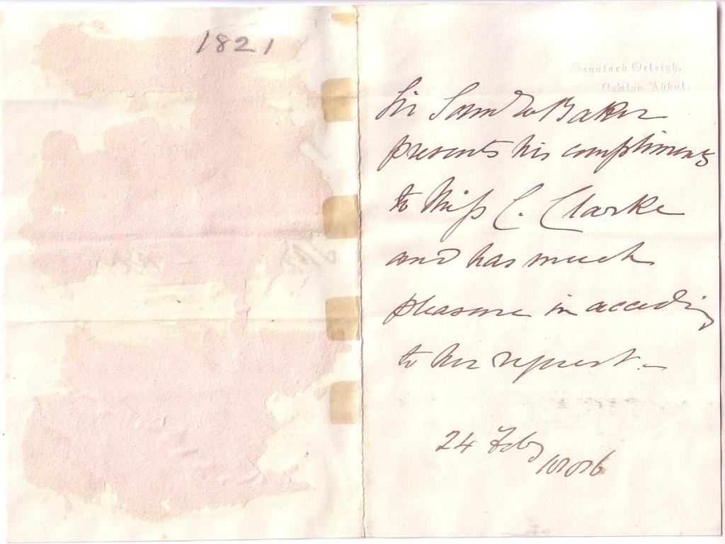 BAKER, SAMUEL WHITE. Brief Autograph Note Signed, twice (one in third person within the text):